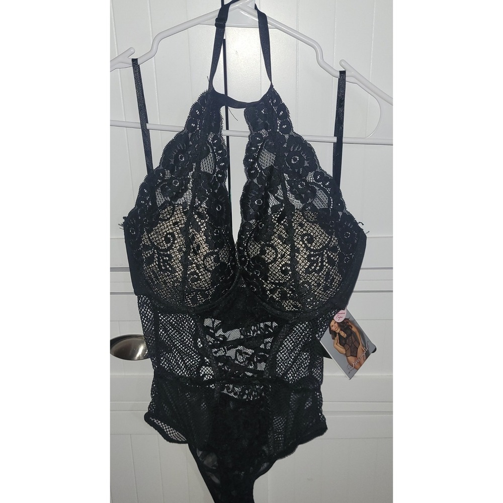 Dreamgirl Black Lace Halter Neck Nude Illusion Cups Teddy Bodysuit Medium new‎